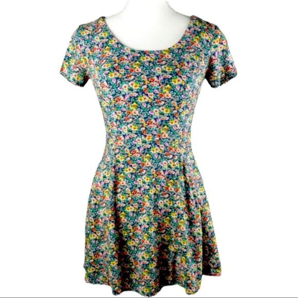 B Darlin Fit & Flare Navy Blue Dress w/ Colorful Floral Pattern - Picture 1 of 9